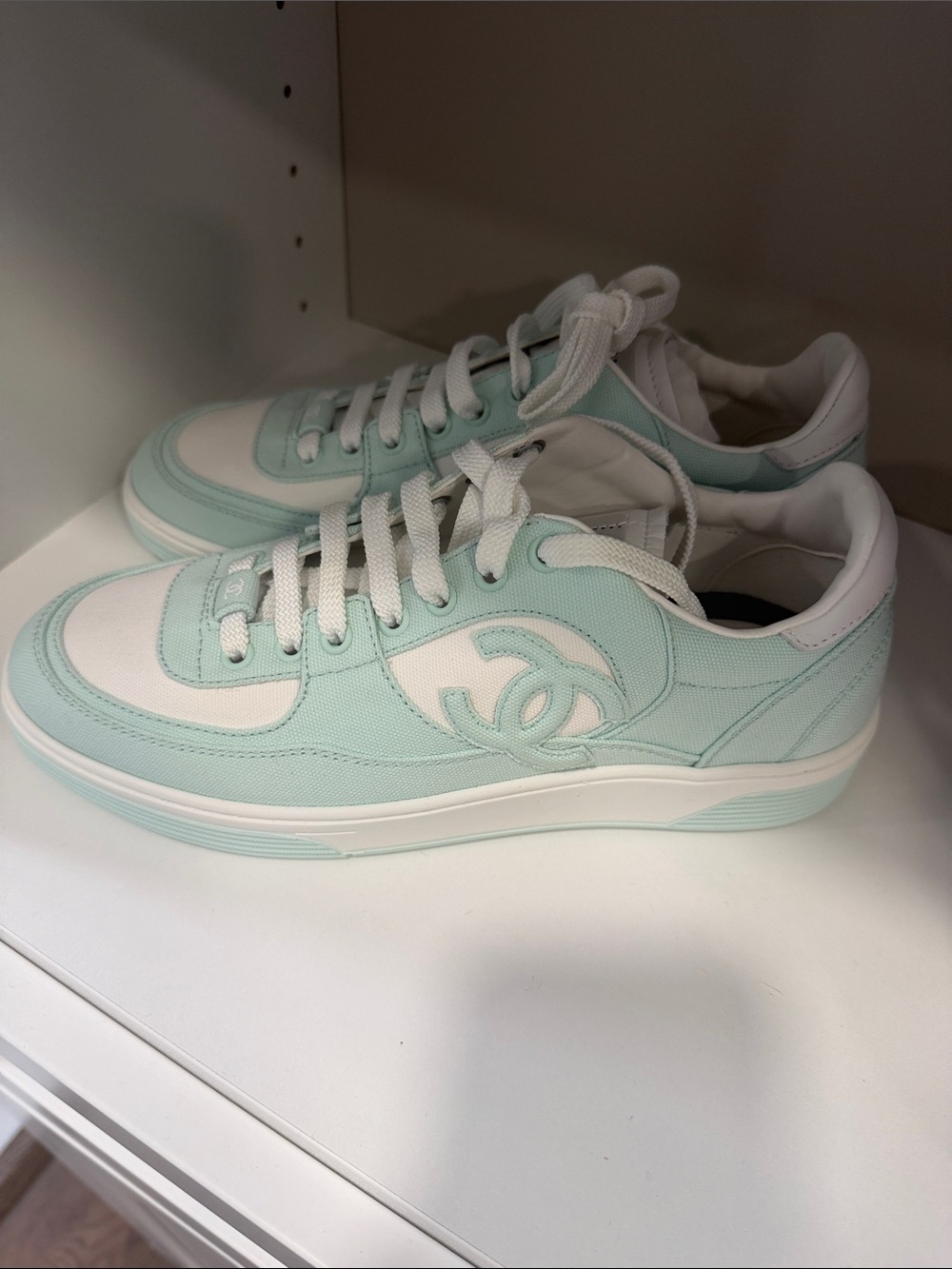 Never worn CHANEL Mint and White Low-Top Sneakers with CC Logo